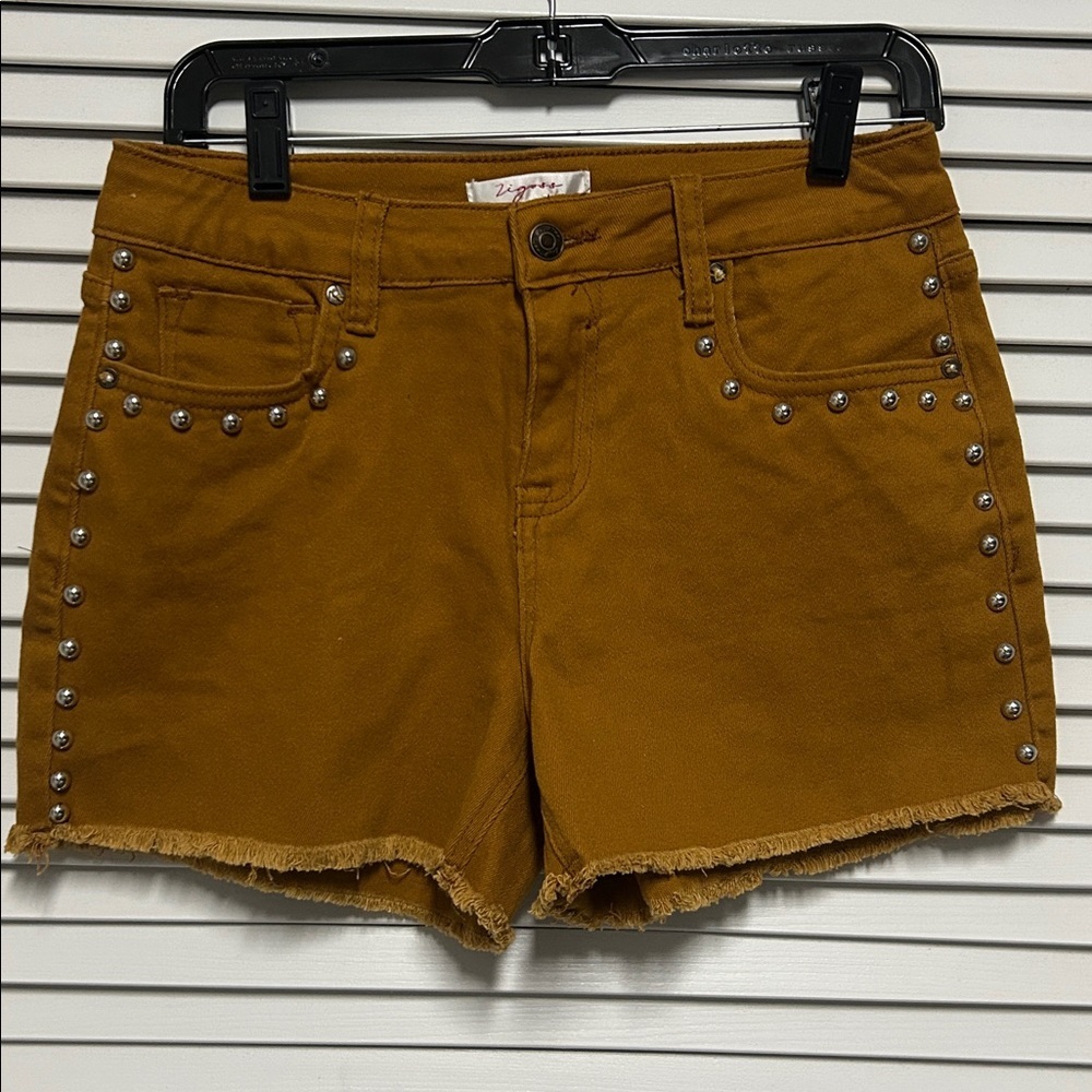 Vigoss Silver Studded Caramel Denim Shorts with raw hem bottom